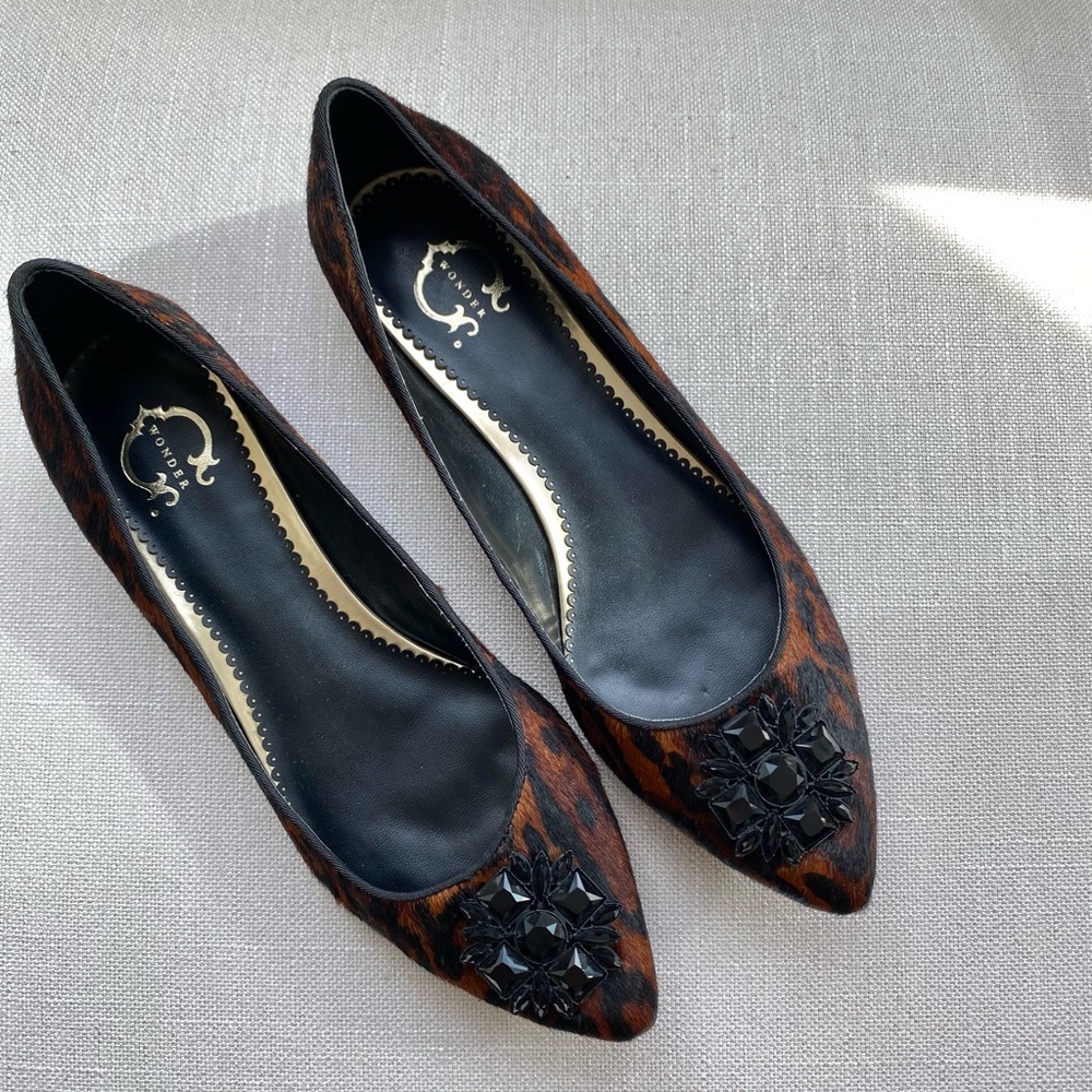 C Wonder Calfskin Embellished Leopard Flats NWOT